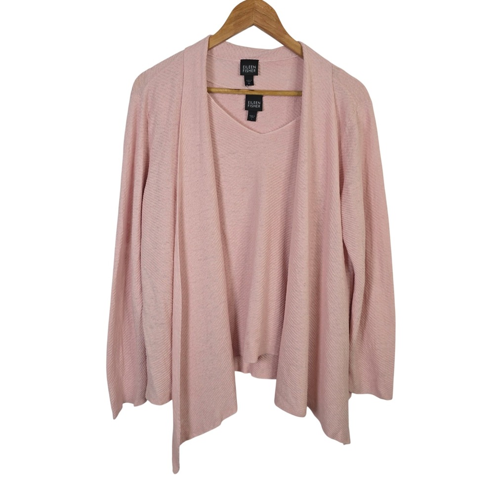 Eileen Fisher Pink 100% Linen Ribbed Twin Set Cardigan XL & Tank L